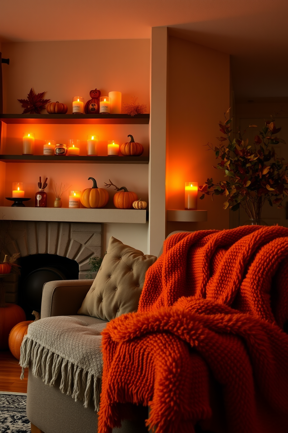 A cozy apartment adorned for Halloween features warm lighting that casts a soft glow. Pumpkin spice candles are strategically placed on shelves, filling the air with a delightful aroma. The living room showcases festive decorations with playful pumpkins and autumn leaves. A plush throw blanket in deep orange drapes over the sofa, enhancing the seasonal atmosphere.