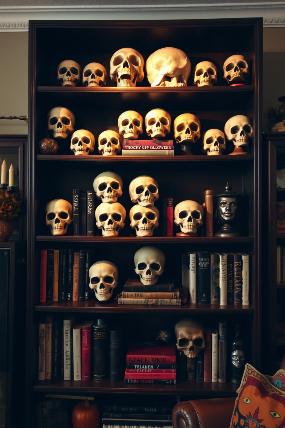 Decorative skulls are artistically arranged on dark wooden bookshelves, creating an intriguing focal point. The shelves are filled with an eclectic mix of books and vintage decor, enhancing the Halloween theme. Soft, warm lighting casts shadows on the skulls, adding an air of mystery to the apartment. Rich, autumnal colors in the surrounding decor complement the seasonal aesthetic, inviting a cozy yet spooky atmosphere.