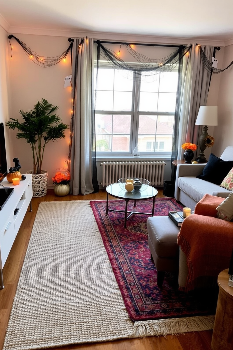 A cozy living room featuring layered rugs in warm tones. The base rug is a large neutral jute, topped with a smaller, colorful Persian rug to add texture and depth. Halloween decorations are tastefully integrated into the apartment design. Subtle accents like pumpkin centerpieces and ghostly string lights create a festive yet sophisticated ambiance.