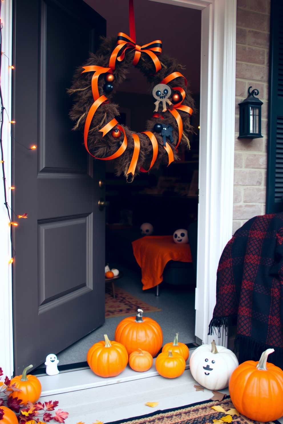 A festive wreath adorned with orange and black ribbons hangs on the front door, welcoming guests with a touch of Halloween spirit. Surrounding the entrance, small pumpkins and autumn leaves create a warm and inviting atmosphere for the season. Inside the apartment, whimsical decorations like ghostly figurines and string lights add a playful charm to the living room. A cozy throw blanket in seasonal colors drapes over the couch, completing the festive look.