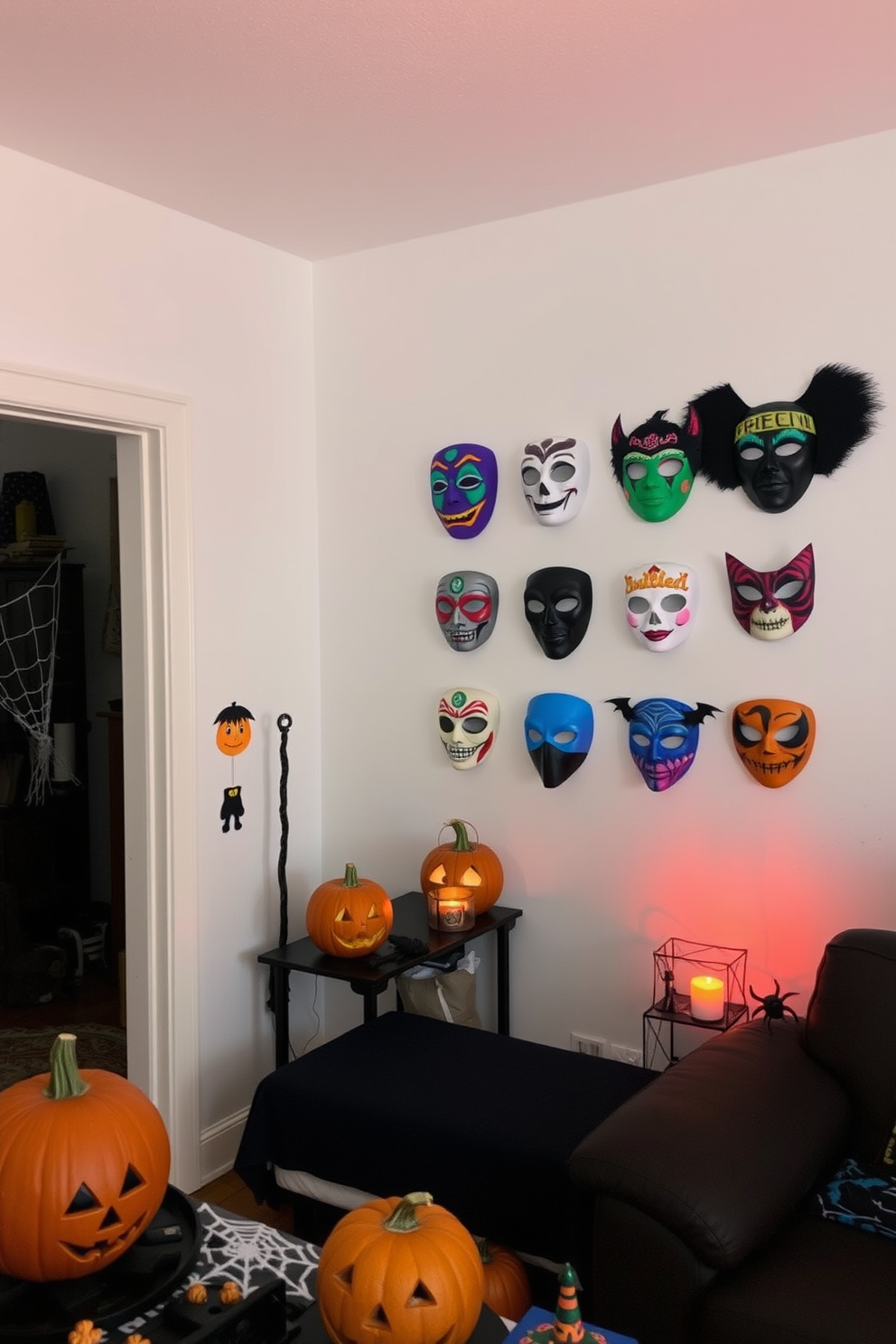 A creative display of DIY Halloween masks is arranged as wall art in a cozy apartment. The masks showcase a variety of vibrant colors and intricate designs, adding a festive touch to the space. The apartment is adorned with playful Halloween decorations, featuring pumpkins and cobwebs that enhance the seasonal atmosphere. Soft lighting casts a warm glow, creating an inviting ambiance for gatherings and celebrations.