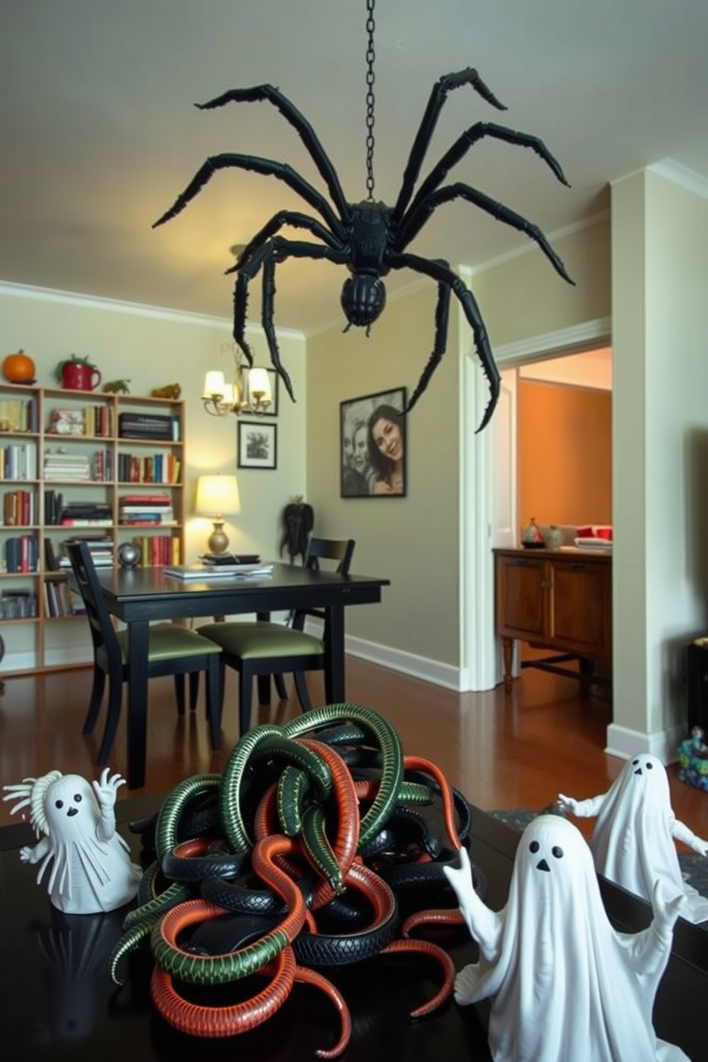 Creepy crawly toys are scattered throughout the apartment, creating an eerie atmosphere. A large spider toy hangs from the ceiling above the dining table, while smaller insects peek out from behind books on the shelves. In the living room, a collection of plastic snakes is coiled around the legs of the coffee table. Ghostly figures are tucked into the corners, adding an element of surprise to the Halloween decor.