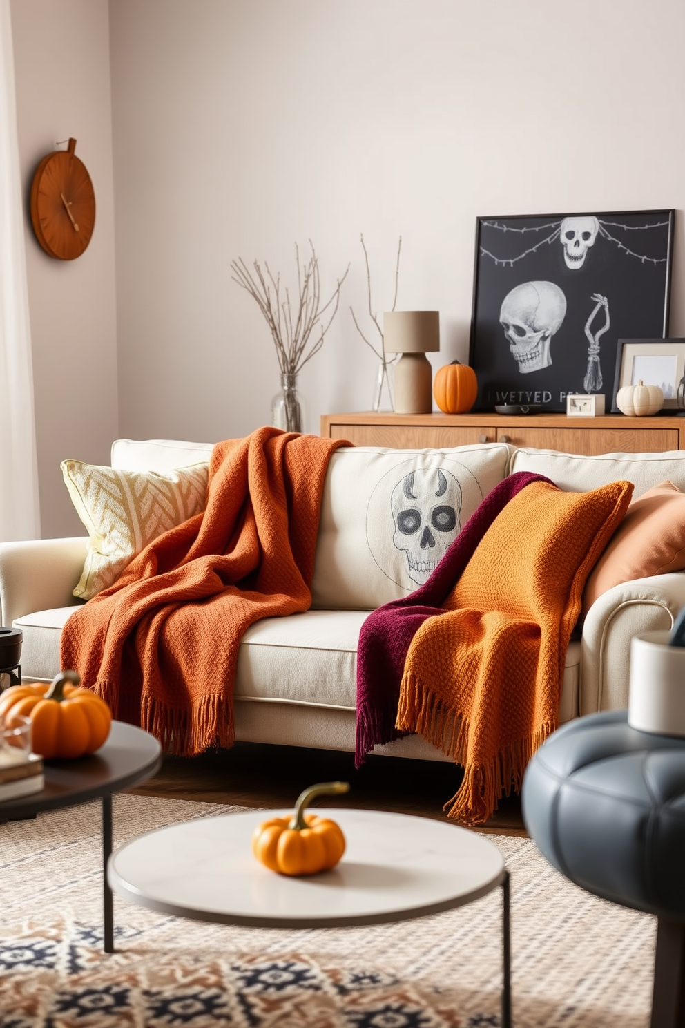 Create a cozy living room scene featuring seasonal throw blankets draped over a plush sofa. The blankets should be in warm autumn colors like burnt orange and deep burgundy, adding a touch of seasonal charm. Design an inviting apartment decorated for Halloween with tasteful decorations. Incorporate subtle elements like small pumpkins on the coffee table and spooky-themed art on the walls to enhance the festive atmosphere.