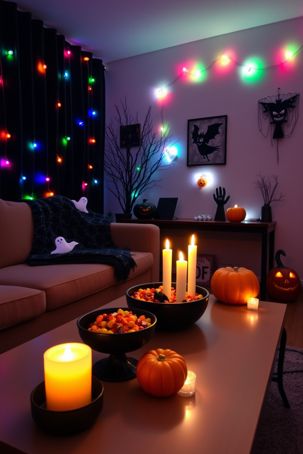 A cozy apartment setting adorned with Halloween decorations. Soft mood lighting casts a warm glow from colored bulbs, illuminating playful ghosts and pumpkins scattered throughout the space. The living room features a plush sofa draped with a festive throw blanket. A stylish coffee table is decorated with spooky candles and a bowl of candy, inviting guests to enjoy the holiday atmosphere.