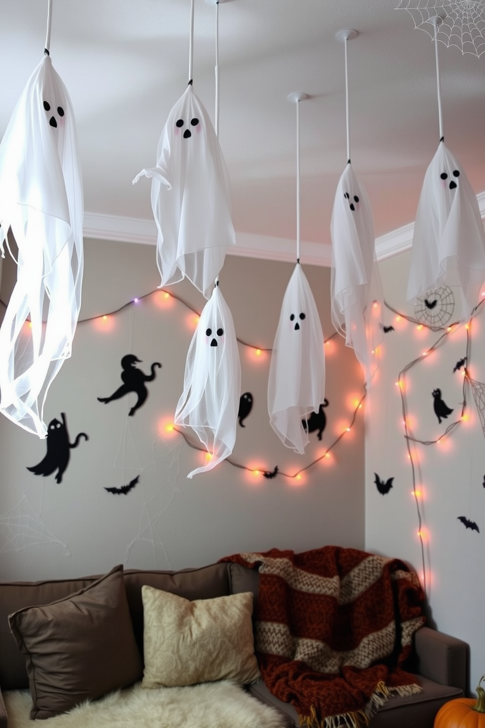 A whimsical Halloween apartment setting. Floating ghosts made of sheer white fabric hang from the ceilings, gently swaying in the breeze, creating an eerie yet playful atmosphere. The walls are adorned with spooky silhouettes and cobwebs, while orange and purple string lights illuminate the space. A cozy seating area features plush pillows and a festive throw blanket, inviting guests to relax amidst the Halloween charm.