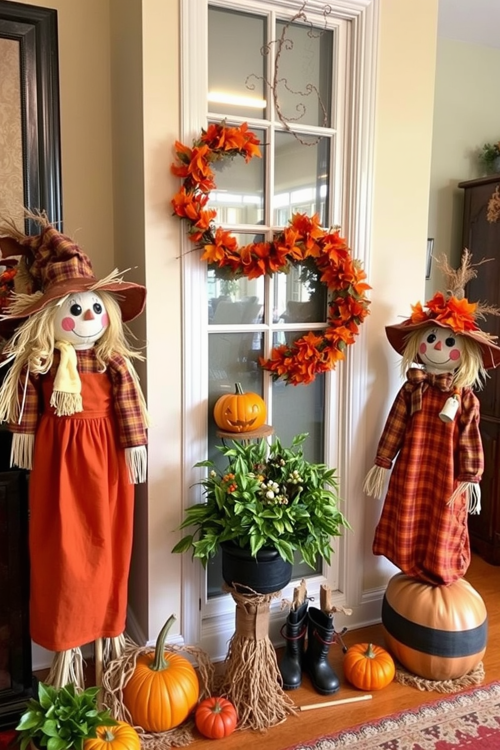 Charming scarecrows are placed strategically throughout the apartment to bring a festive autumn vibe. Each scarecrow is adorned with colorful fabrics and rustic accessories, creating a warm and inviting atmosphere for Halloween.