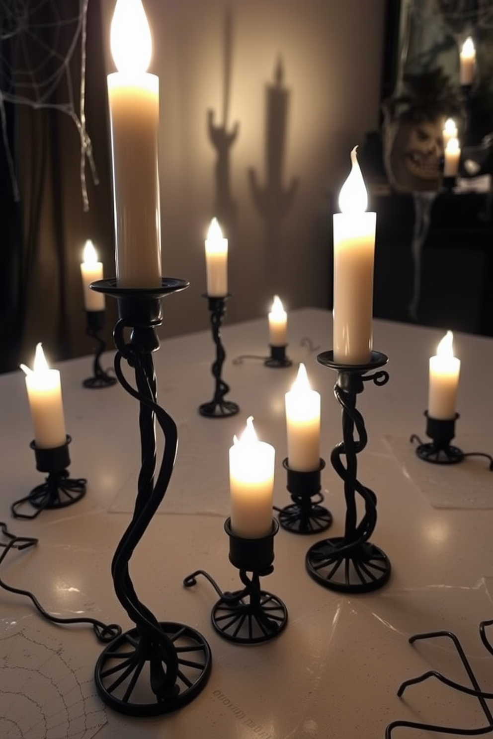 Creepy candle holders made of twisted black metal are scattered throughout the apartment, each holding flickering LED candles that cast eerie shadows on the walls. The soft glow creates a haunting atmosphere, complemented by cobwebs and spooky decorations that enhance the Halloween spirit.