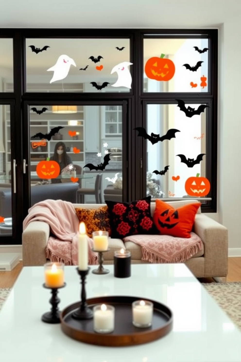 Wicked window clings adorn the glass surfaces of a stylish apartment, featuring spooky designs like ghosts, bats, and pumpkins. The colorful clings create a festive atmosphere, seamlessly blending with the modern decor of the space. In the living room, a cozy seating area is enhanced by seasonal throw pillows and a plush blanket draped over the couch. Flickering candles on the coffee table add a warm glow, complementing the Halloween theme while maintaining a chic aesthetic.