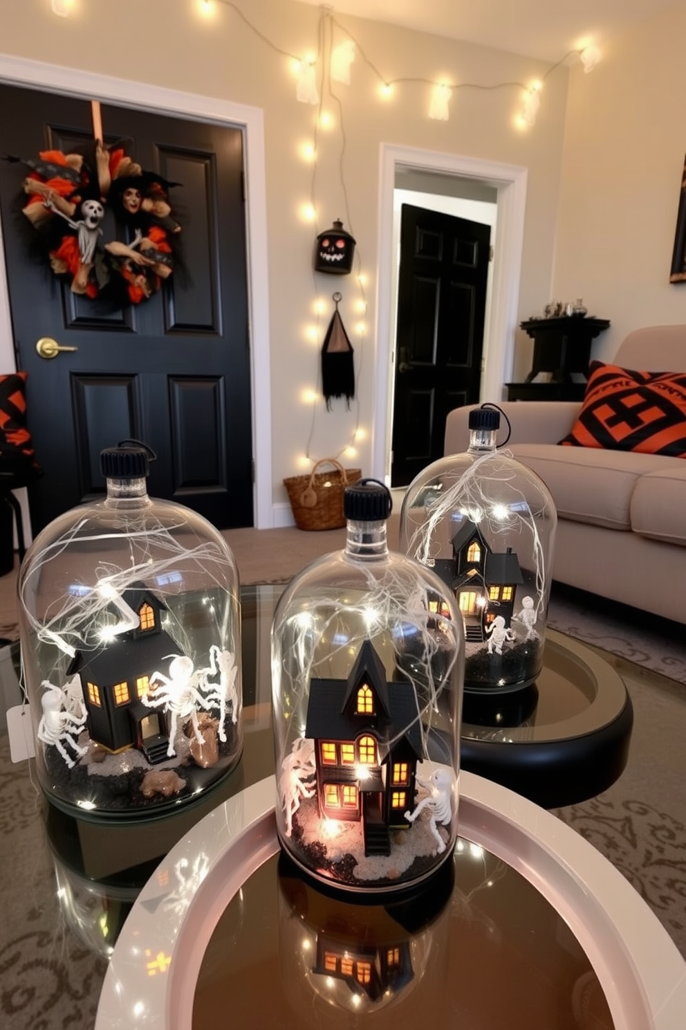 Haunted house terrariums on coffee tables. Each terrarium features miniature haunted houses with flickering LED lights, surrounded by faux cobwebs and tiny skeletons. Halloween apartment decorating ideas. The living room is adorned with black and orange throw pillows, a spooky wreath on the door, and string lights shaped like ghosts illuminating the space.