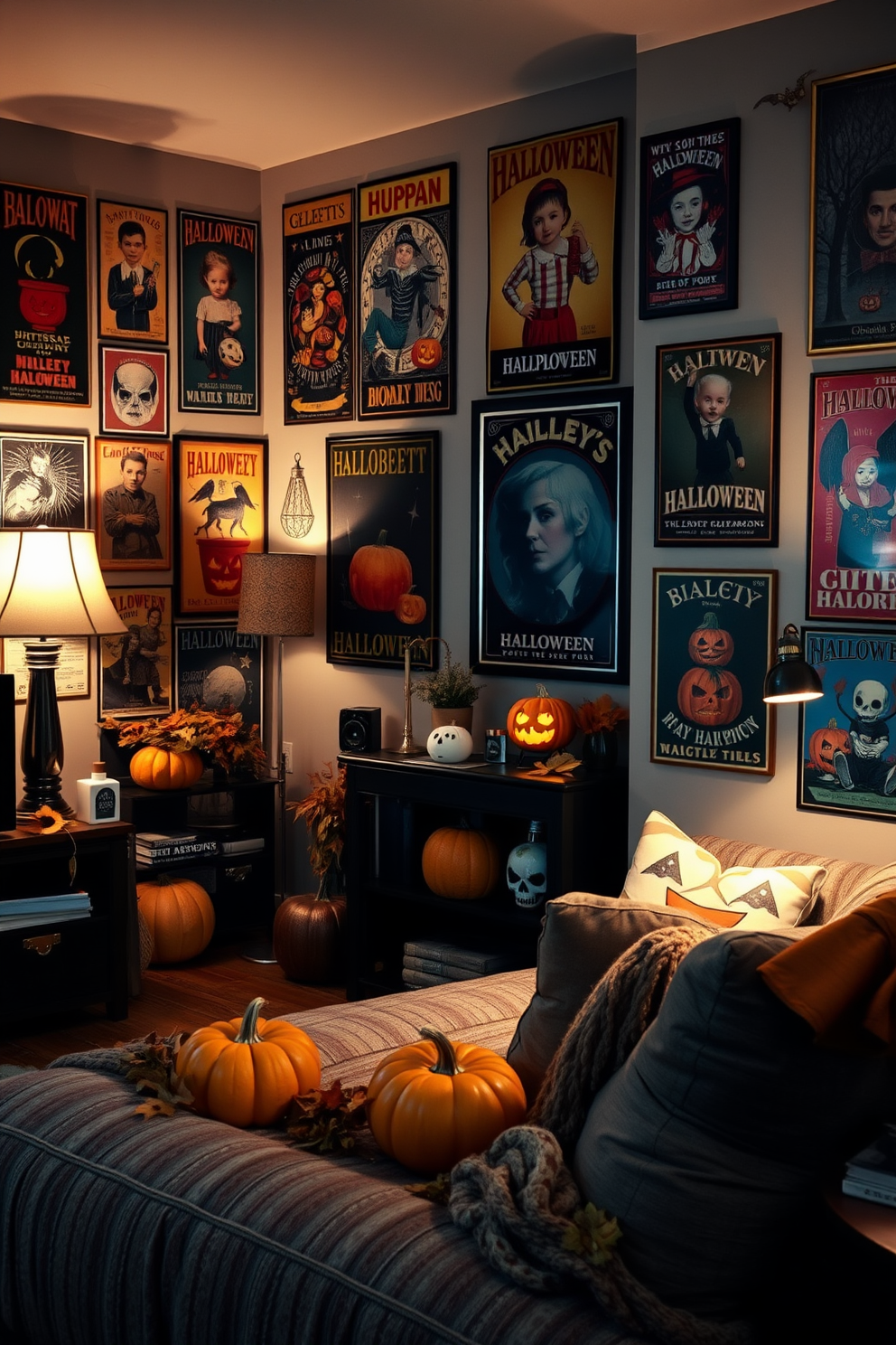 A cozy apartment adorned with vintage-inspired Halloween posters that capture the spirit of the season. The walls are filled with colorful and whimsical designs featuring classic Halloween imagery, creating a festive atmosphere. Soft lighting from strategically placed lamps enhances the ambiance, casting warm shadows across the room. Decorative elements like pumpkins and autumn leaves complement the posters, adding to the overall Halloween theme.