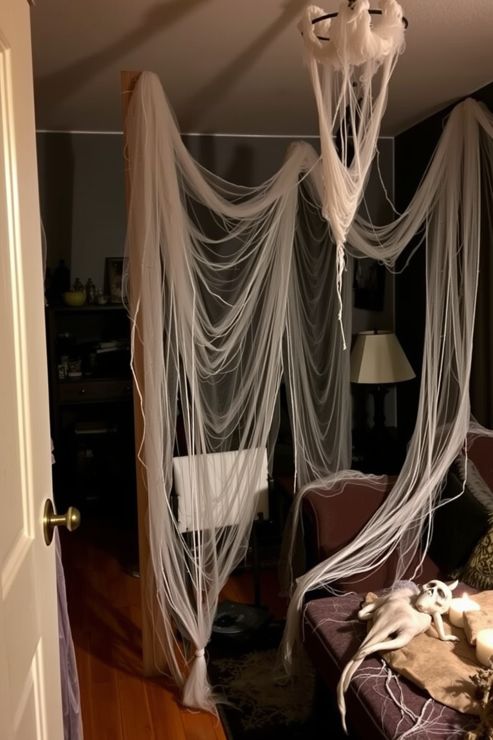 A Halloween-themed apartment decorated with cobwebs draped in corners and over furniture. The atmosphere is eerie yet inviting, with dim lighting casting shadows that enhance the spooky decor.