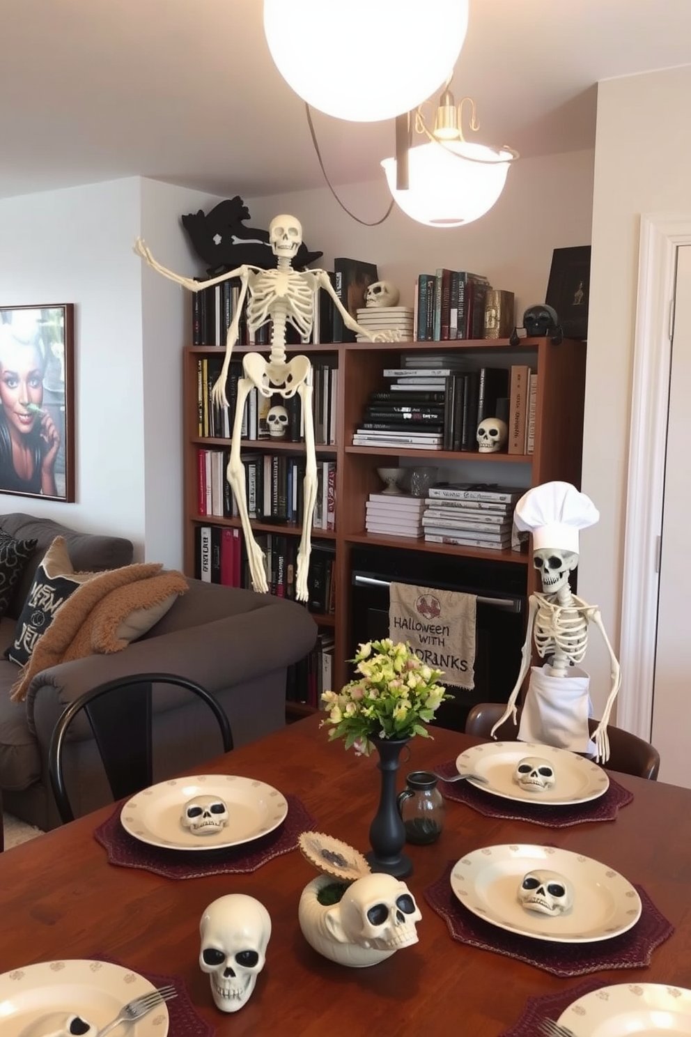 Skeleton decorations are cleverly placed throughout the apartment, adding a playful yet spooky vibe to the space. A skeleton hangs from the ceiling in the living room, while smaller skeleton figurines are nestled among the books on the shelves. In the kitchen, a skeleton chef stands next to the stove, complete with a tiny chef's hat and apron. The dining table is set with skull-themed dinnerware, creating a festive atmosphere for Halloween gatherings.