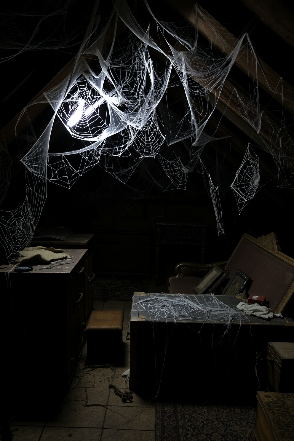 A spooky attic setting filled with eerie spider webs in every corner. Dim lighting casts shadows on old trunks and dusty furniture, enhancing the haunting atmosphere.