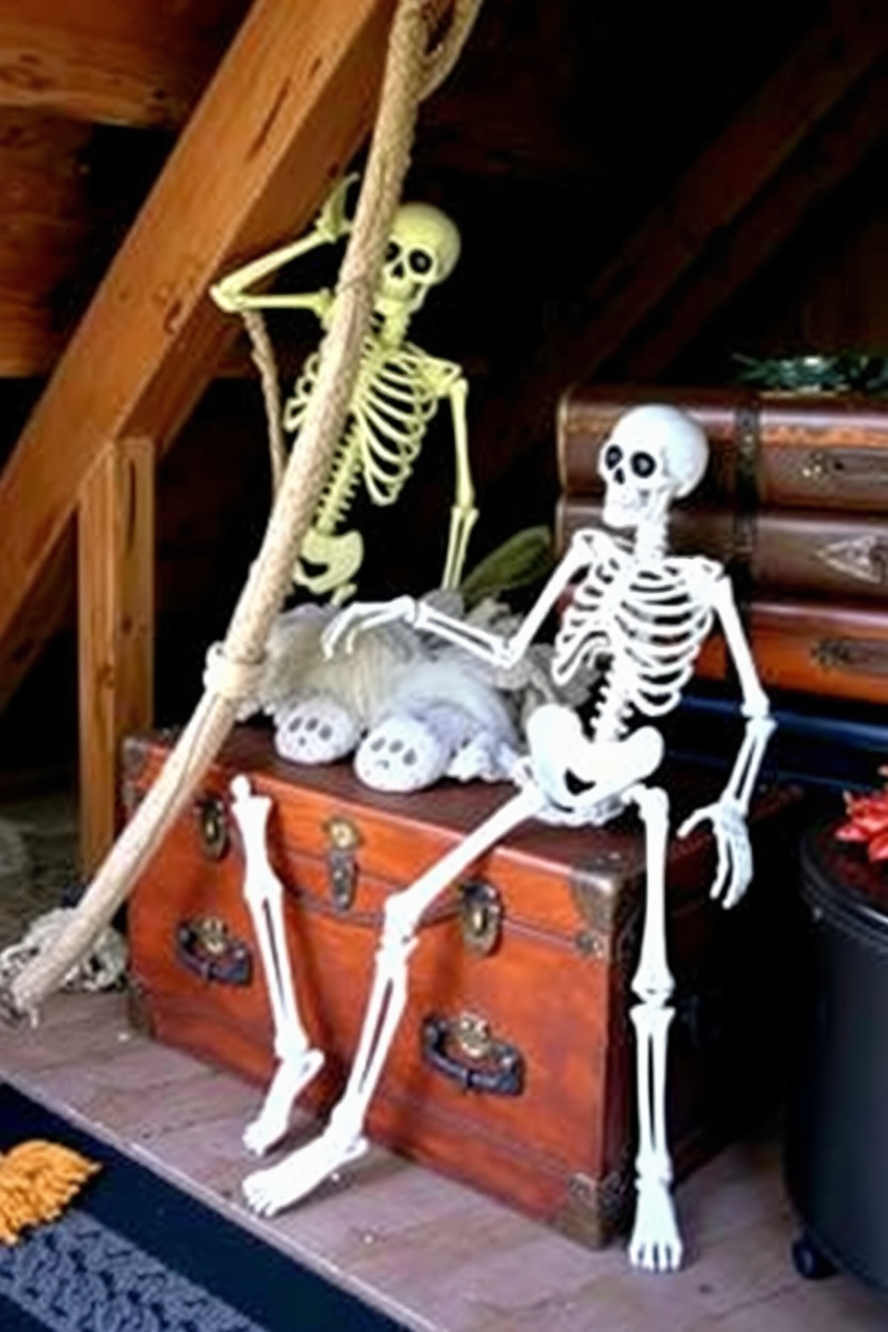 Create a whimsical Halloween attic scene featuring faux skeletons creatively placed throughout the space. One skeleton is draped over an old trunk, while another peeks out from behind a stack of vintage suitcases, adding a playful yet eerie atmosphere.