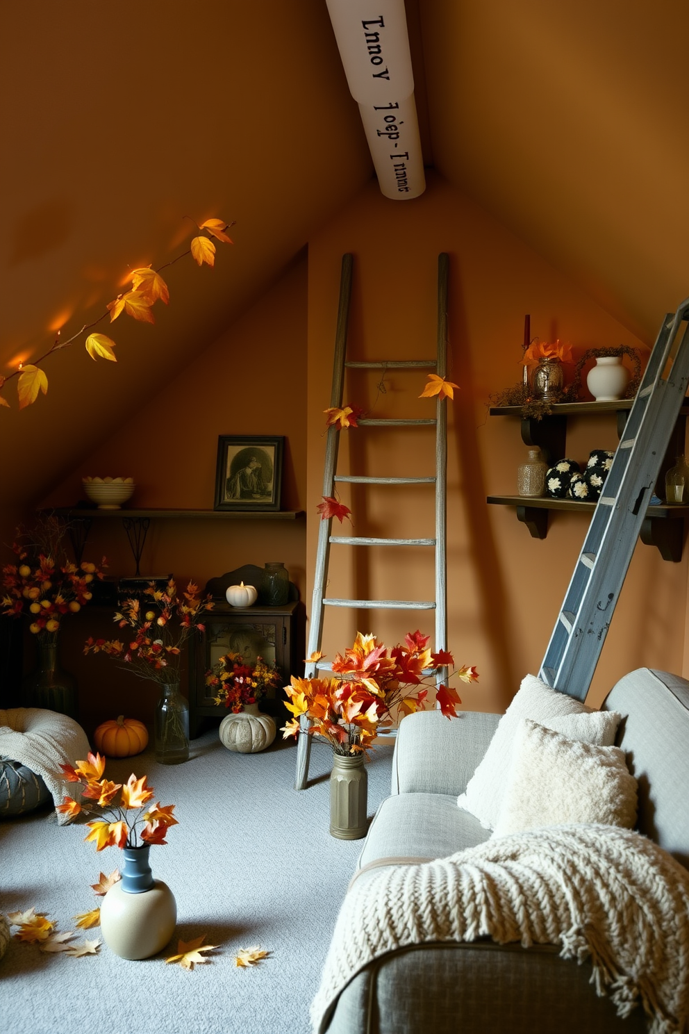 A cozy attic space adorned with charming autumn leaves in various vases scattered throughout the room. The walls are painted in warm earthy tones, and soft, ambient lighting creates a welcoming atmosphere. Decorative elements include rustic wooden shelves filled with seasonal decorations and a plush seating area with throw blankets. A vintage ladder leans against the wall, adding character and functionality to the Halloween-themed decor.