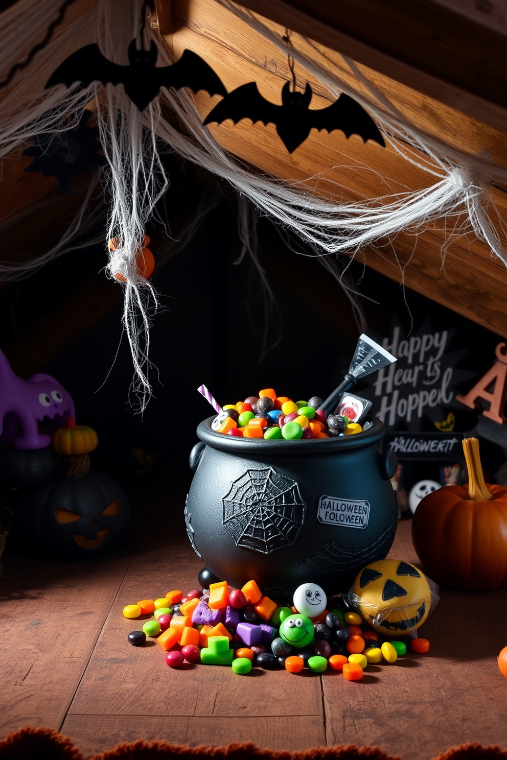 A whimsical Halloween attic setting. There's a decorative cauldron overflowing with an assortment of treats, including colorful candies and spooky-themed snacks. The attic is adorned with cobwebs and hanging bats, creating an eerie yet festive atmosphere. Dim lighting casts playful shadows, enhancing the charm of the Halloween decorations.