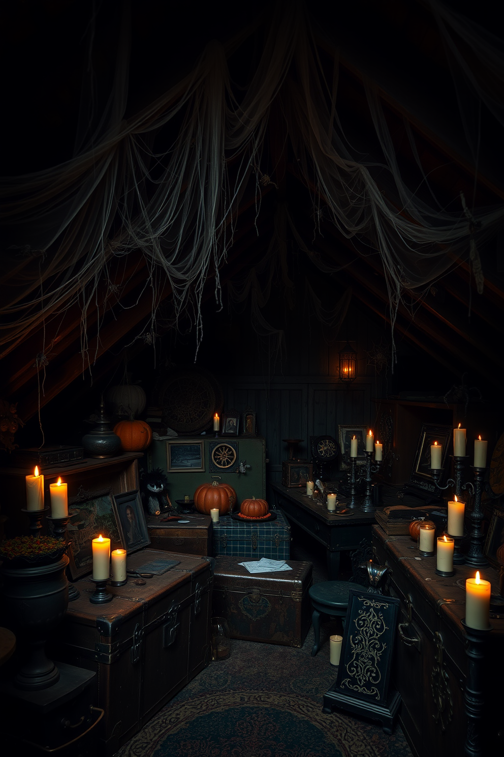 A spooky attic filled with Halloween decorations. Cobwebs drape from the rafters, and hidden among the shadows are various creepy crawlies like spiders and bats. Vintage trunks and old furniture pieces are adorned with eerie accents. Flickering candles cast an unsettling glow, highlighting the intricate details of the decor.