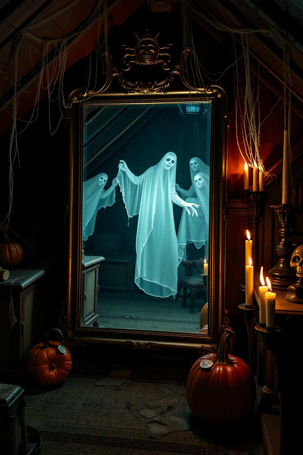 A haunted mirror reflects ghostly images that flicker in and out of view. The surrounding attic is filled with cobwebs and dusty old furniture, creating an eerie atmosphere. Decorative pumpkins and spooky candles are scattered around to enhance the Halloween theme. The dim lighting casts shadows that dance across the walls, adding to the haunting vibe.