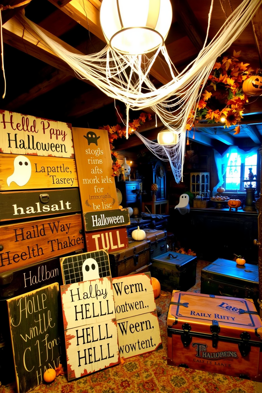 A collection of rustic wooden signs featuring charming Halloween sayings. The signs are aged and weathered, showcasing a mix of playful and spooky phrases in a variety of fonts and colors. An attic transformed into a Halloween wonderland with ghostly decorations and cobwebs. The space is filled with vintage trunks, eerie lighting, and a mix of autumnal colors to create a cozy yet spooky atmosphere.