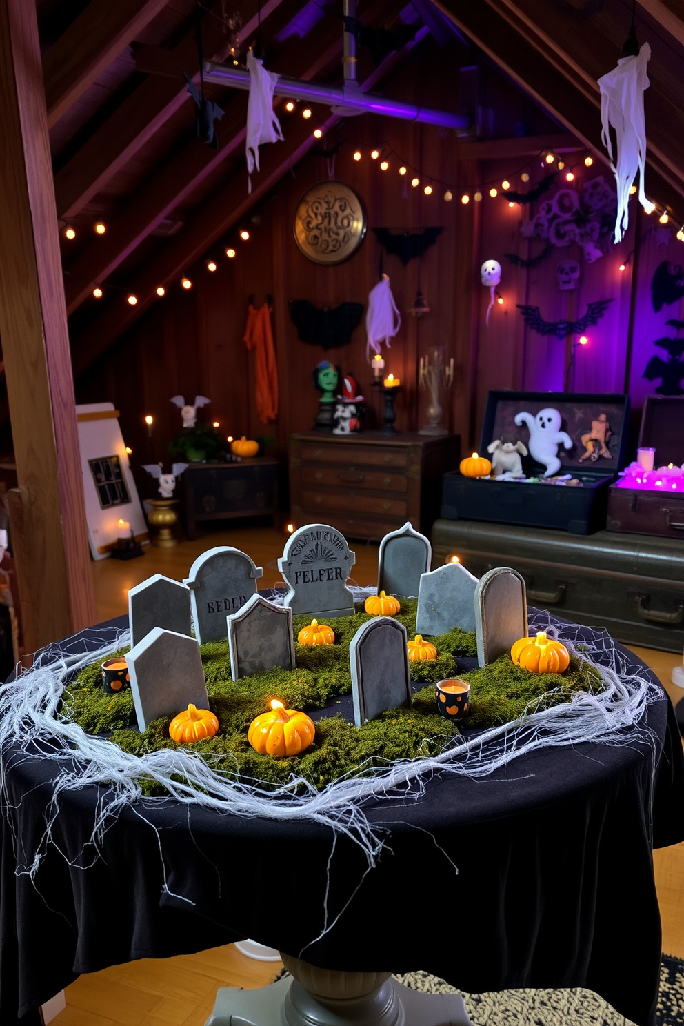 A miniature graveyard setting on a side table features intricately designed tombstones made of gray stone and moss, surrounded by small decorative pumpkins and flickering LED candles. The table is draped with a dark velvet cloth, and cobwebs are artistically arranged in the corners, creating an eerie yet inviting atmosphere. In the attic, Halloween decorations include hanging bats and ghostly figures suspended from the ceiling, while vintage trunks are filled with seasonal decor. Soft orange and purple lights illuminate the space, enhancing the whimsical yet spooky vibe perfect for the holiday.