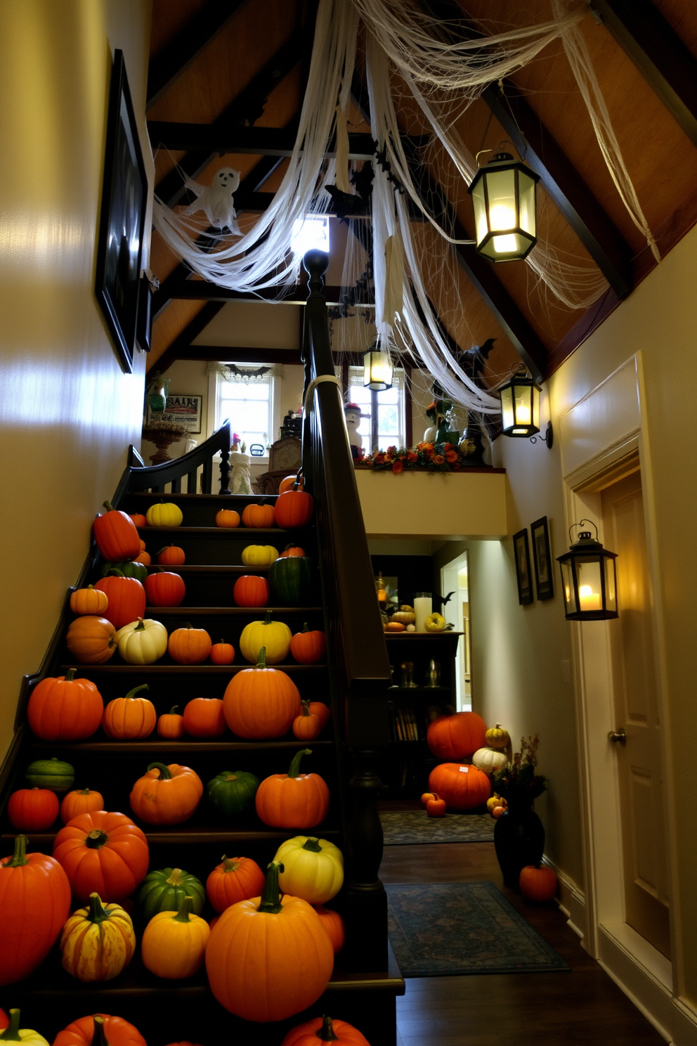 A charming staircase adorned with colorful pumpkins of various sizes and shapes, creating a festive atmosphere. The pumpkins are arranged in a cascading pattern, with vibrant hues of orange, yellow, and green contrasting against the dark wooden steps. The attic is transformed into a whimsical Halloween space, featuring cobwebs draped across the beams and hanging ghost decorations. Flickering candlelight from lanterns creates an inviting glow, illuminating the playful elements of the decor.