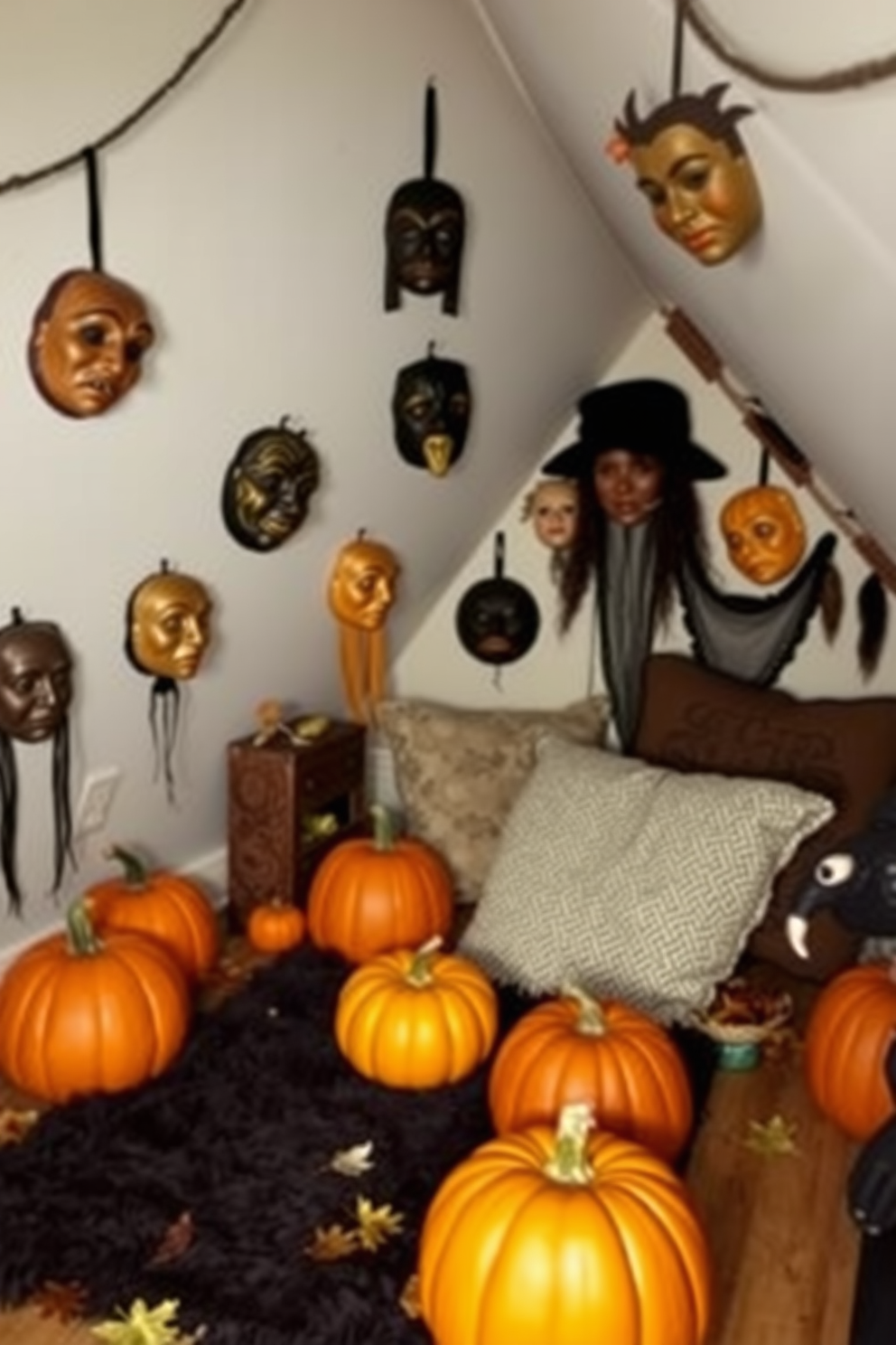 A cozy attic space decorated for Halloween features vintage masks hanging on the walls, each with unique designs and colors that evoke a sense of nostalgia. The floor is covered with a soft, dark rug, while scattered pumpkins and autumn leaves add a festive touch to the overall ambiance.