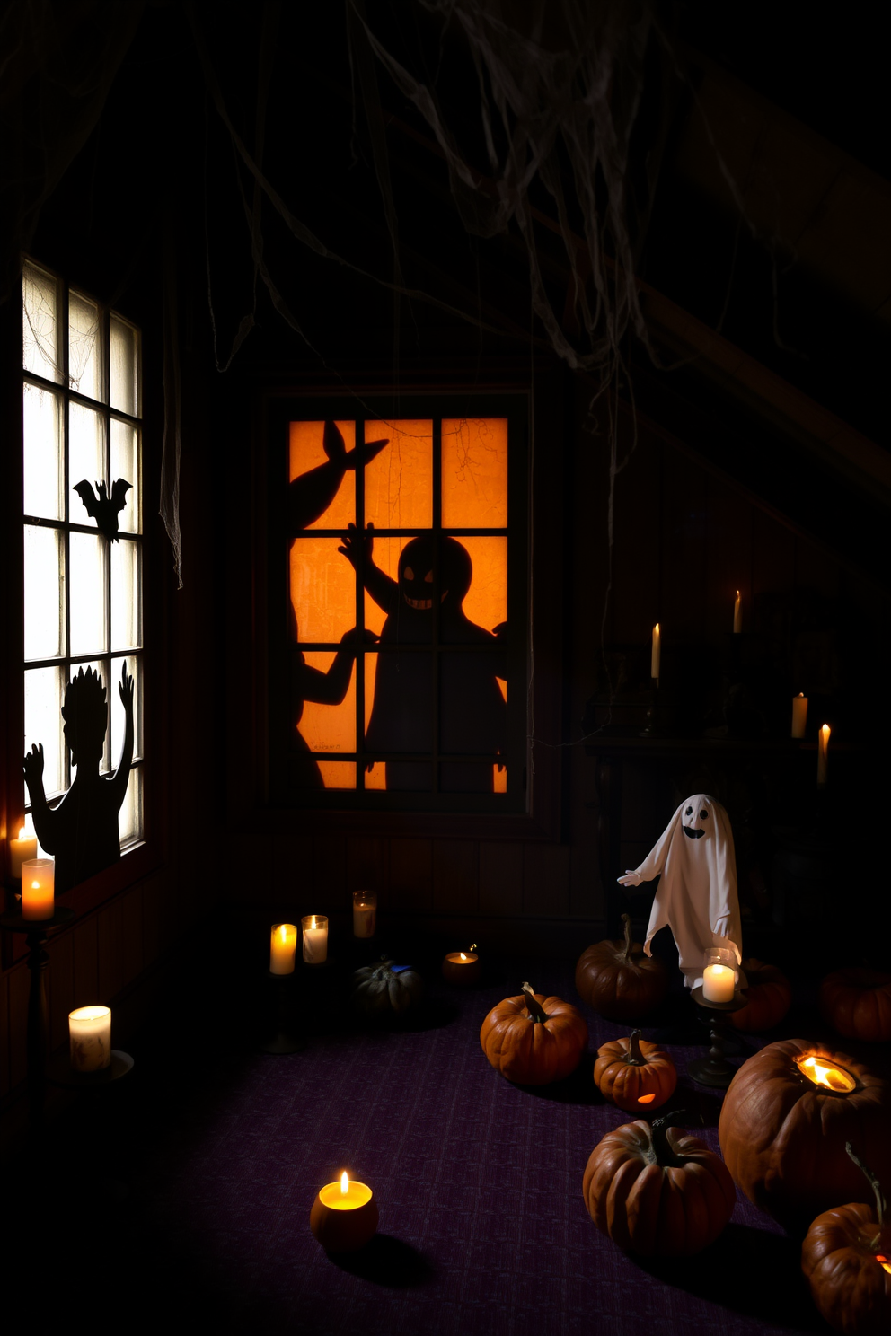 Spooky silhouettes cast eerie shadows against the window panes, creating a haunting atmosphere in the dimly lit room. Cobwebs hang from the corners, and flickering candles add to the chilling ambiance. The attic is transformed into a Halloween haven with rustic wooden beams and vintage decorations. Ghostly figures and playful pumpkins are strategically placed to enhance the festive spirit while maintaining an air of mystery.