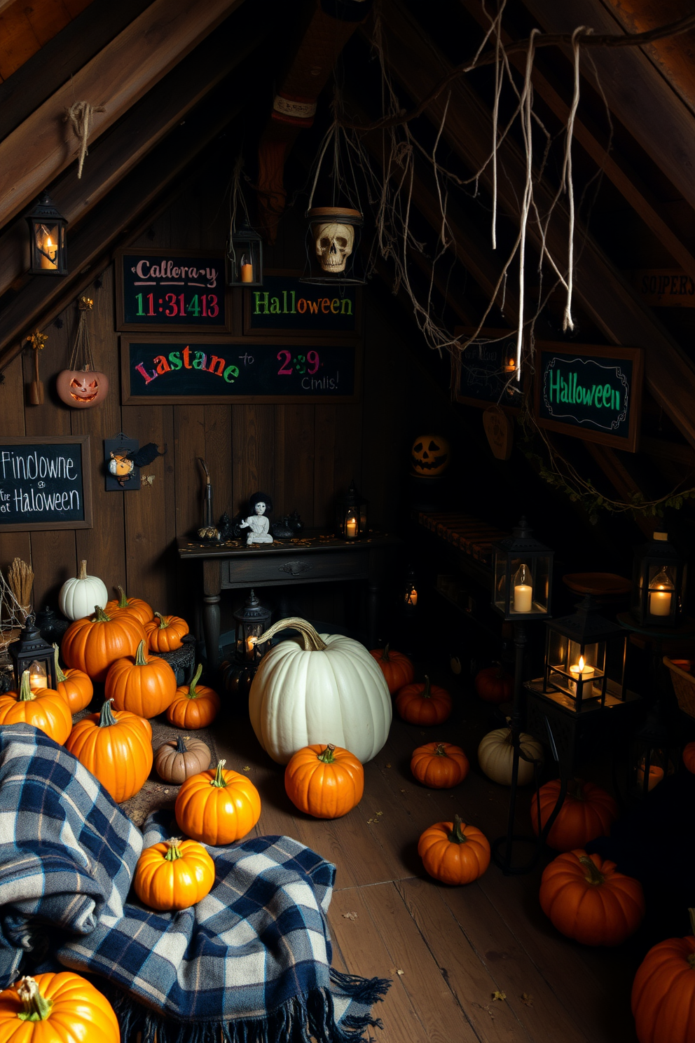 A rustic attic space adorned with vintage Halloween decorations. The walls are lined with chalkboards displaying colorful countdown messages to Halloween, surrounded by cobwebs and spooky accents. Scattered throughout the attic are creatively arranged pumpkins and eerie lanterns. A cozy seating area with a plaid blanket invites guests to enjoy the festive atmosphere while planning their Halloween celebrations.