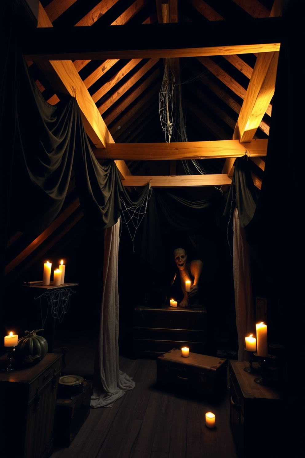 A dimly lit attic adorned with draped black fabric creates an atmosphere of mystery and intrigue. Shadows play across the walls, enhancing the eerie feel of the Halloween decor. Cobwebs are strategically placed in the corners, while flickering candles cast a warm glow on rustic wooden beams. Vintage trunks and old books are scattered throughout, adding to the haunted charm of the space.