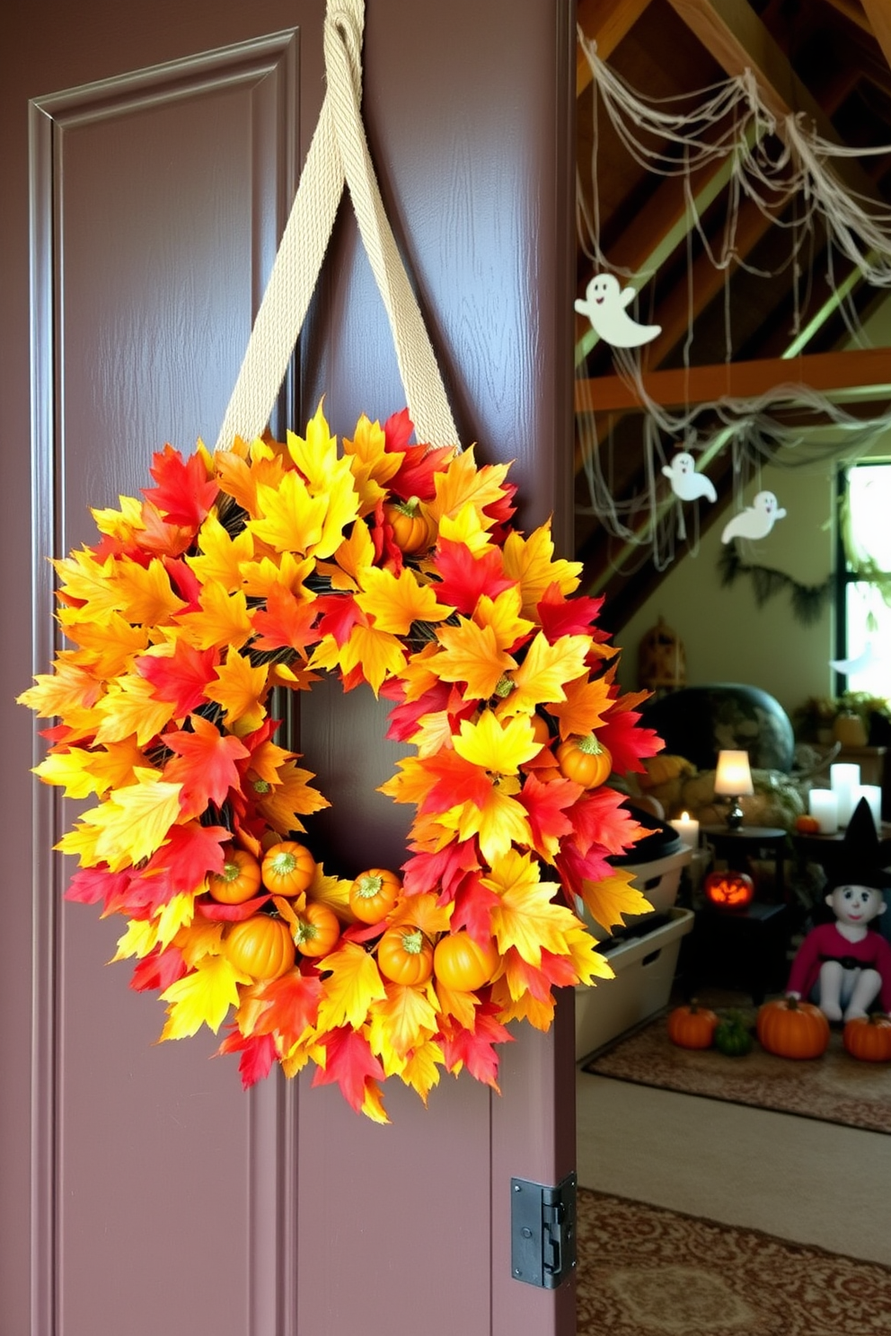 A beautiful harvest-themed wreath adorns the front door made of vibrant autumn leaves and miniature pumpkins. The warm colors of the wreath create a welcoming atmosphere that invites guests into the home. The attic is transformed into a cozy Halloween retreat with playful decorations and soft lighting. Cobwebs drape from the beams while whimsical ghosts and pumpkins add a festive touch to the space.