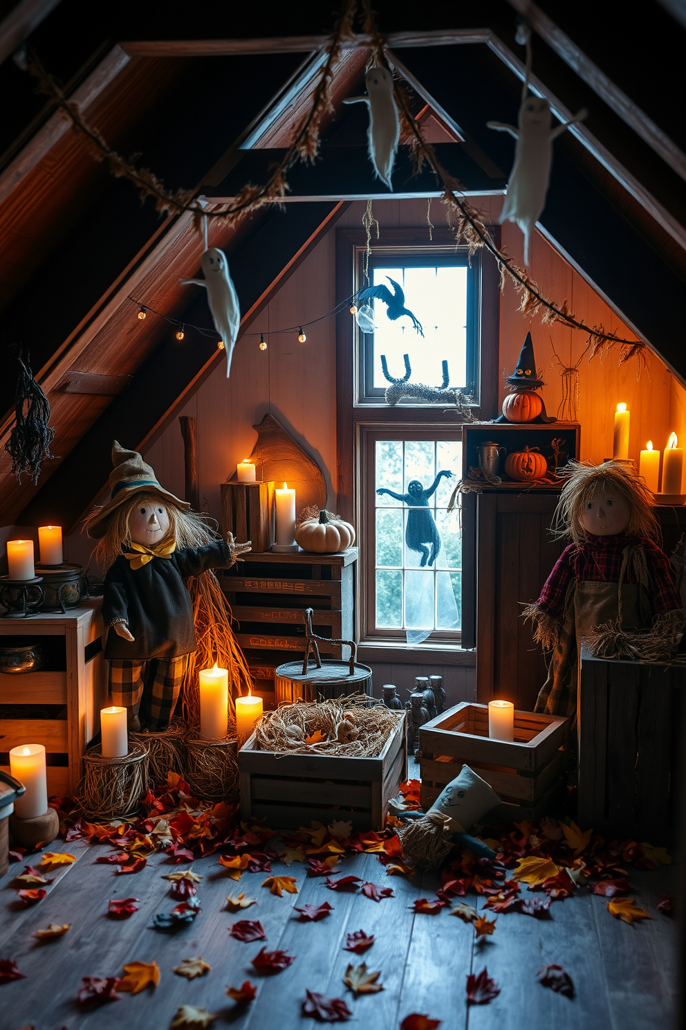 Scarecrow figures made of hay and fabric are placed in cozy corners, bringing a whimsical touch to the Halloween decor. Soft, warm lighting highlights their playful expressions, creating an inviting atmosphere in the room. The attic is adorned with vintage decorations, featuring rustic wooden crates and autumn leaves scattered across the floor. Ghostly garlands hang from the beams, while flickering candles cast gentle shadows, enhancing the spooky yet charming vibe.