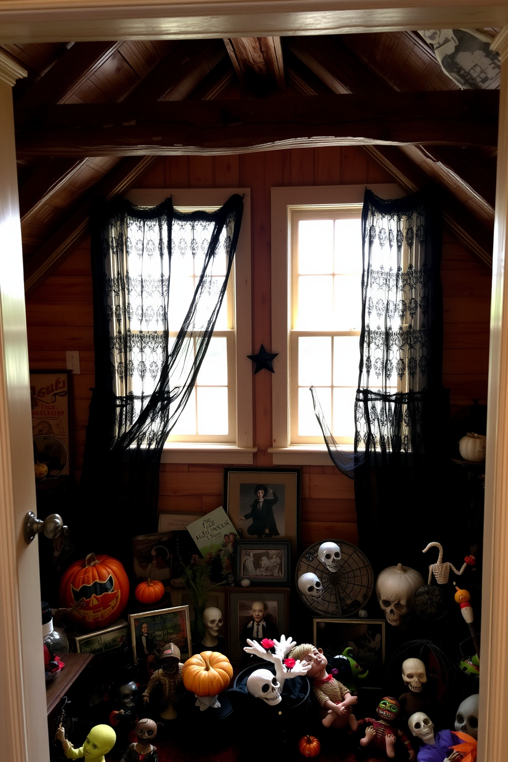 A cozy attic space transformed for Halloween. Black lace curtains drape from the windows, casting eerie shadows across the room. Rustic wooden beams frame the ceiling, adding to the haunting atmosphere. A collection of vintage Halloween decorations is scattered throughout, creating a whimsical yet spooky feel.