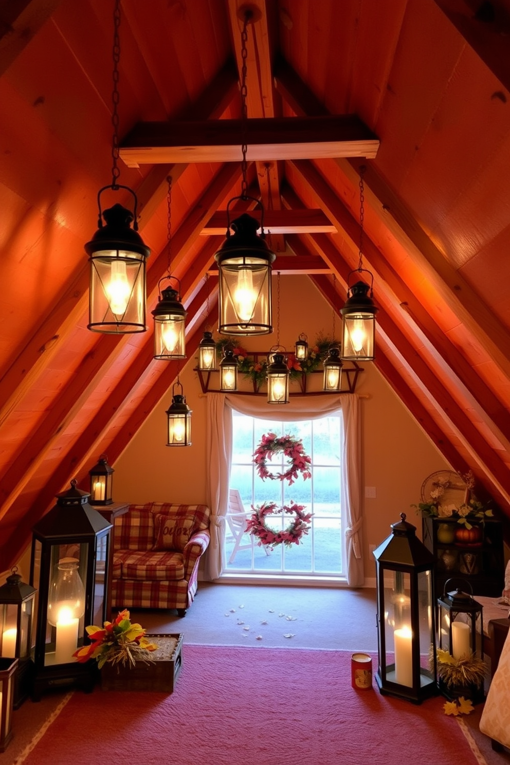 A cozy attic space adorned with vintage lanterns casting a warm glow throughout the room. The walls are lined with rustic wooden beams, while autumn-themed decorations add a festive touch to the inviting atmosphere.