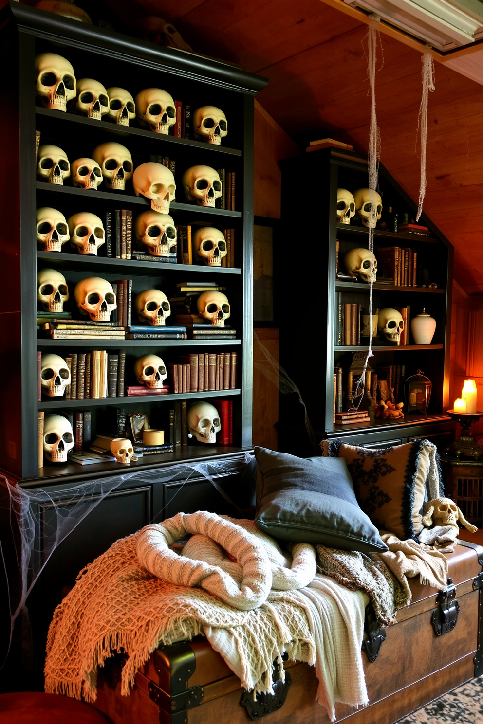 Decorative skulls are artfully arranged on dark wooden bookshelves, creating an intriguing focal point in the room. The shelves are filled with a mix of vintage books and eerie decor, enhancing the Halloween theme. The attic is transformed into a cozy retreat with warm lighting and rustic decor. Soft blankets and pillows are scattered across a vintage trunk, while cobwebs and subtle Halloween accents add a playful touch.