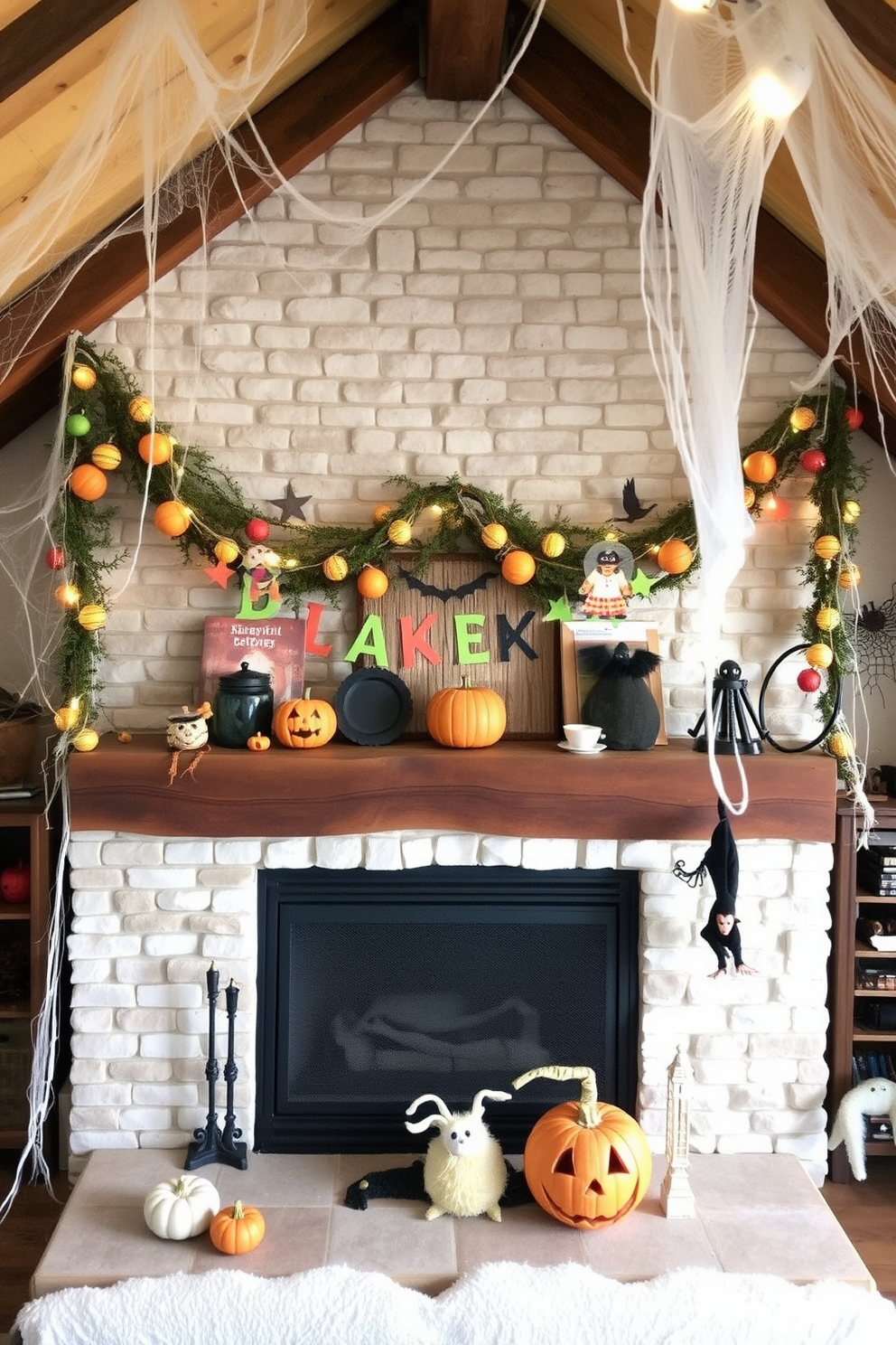 A whimsical Halloween garland drapes elegantly across a rustic mantel adorned with seasonal decor. The garland features vibrant colors, playful shapes, and twinkling lights, creating a festive atmosphere. The attic is transformed into a spooky retreat with creative Halloween decorations. Cobwebs hang from the beams, and vintage props are strategically placed to evoke a sense of playful eeriness.