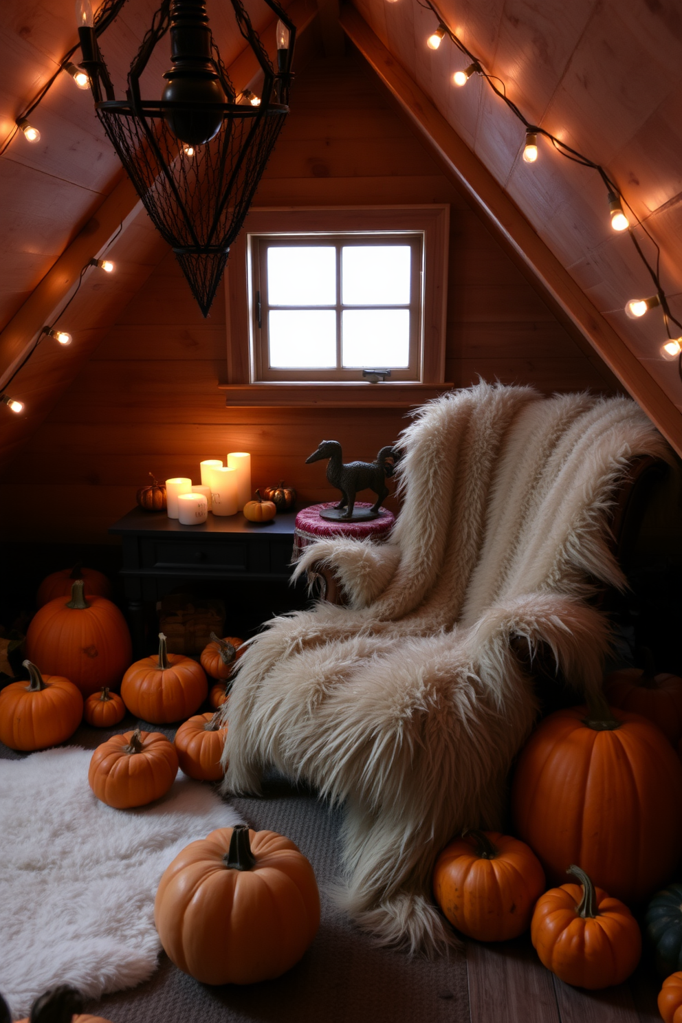 A cozy attic space decorated for Halloween. Soft faux fur throws are draped over a vintage armchair, creating an inviting atmosphere. Pumpkins of various sizes are scattered throughout the room, adding seasonal charm. Dim lighting from string lights enhances the spooky yet warm ambiance.