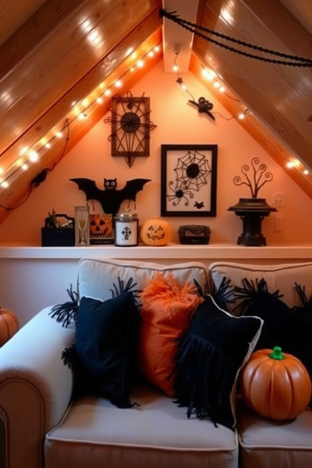 A cozy attic space decorated for Halloween features a comfortable couch adorned with black and orange throw pillows. The walls are decorated with spooky artwork, and soft lighting creates an inviting atmosphere perfect for seasonal gatherings.