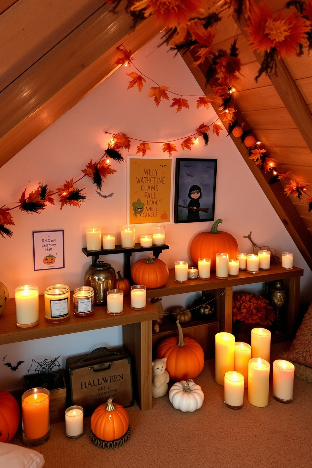 A cozy attic space adorned with seasonal decorations for Halloween. There are various scented candles placed on wooden shelves, filling the air with warm autumn fragrances. The walls are decorated with playful Halloween-themed art and garlands. Soft, ambient lighting creates an inviting atmosphere, perfect for enjoying the festive season.