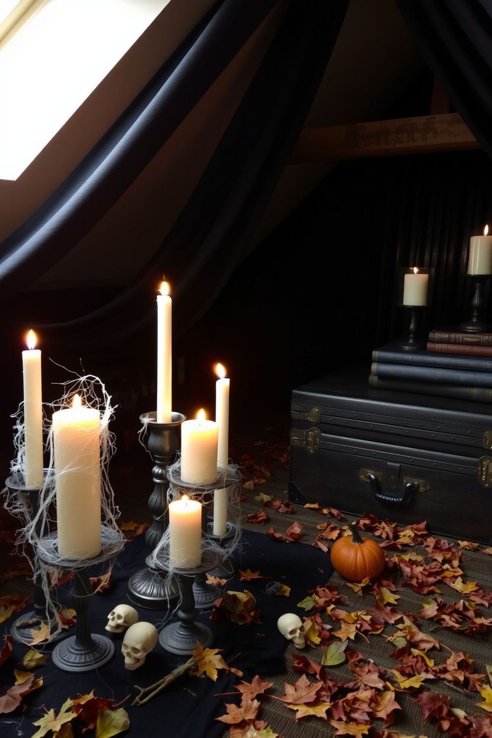 Creepy candle arrangements create an eerie atmosphere ideal for Halloween. Flickering candles in various heights are placed inside antique holders, surrounded by cobwebs and small skulls. The attic is transformed into a haunting space with dark drapes and scattered autumn leaves. Vintage trunks and mysterious books are arranged to enhance the spooky vibe.