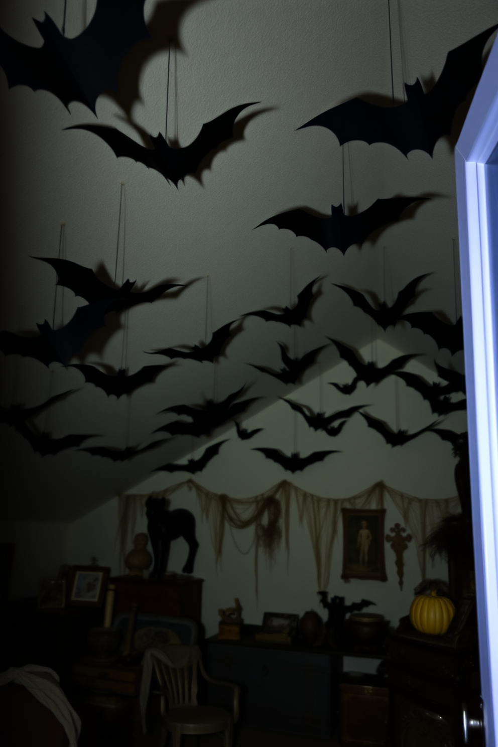 Create a spooky Halloween attic setting. The ceiling is adorned with hanging bats made of black paper, casting eerie shadows on the walls. The attic is filled with vintage decorations, including cobwebs and old trunks. Soft, dim lighting enhances the haunting atmosphere, making it the perfect space for Halloween festivities.