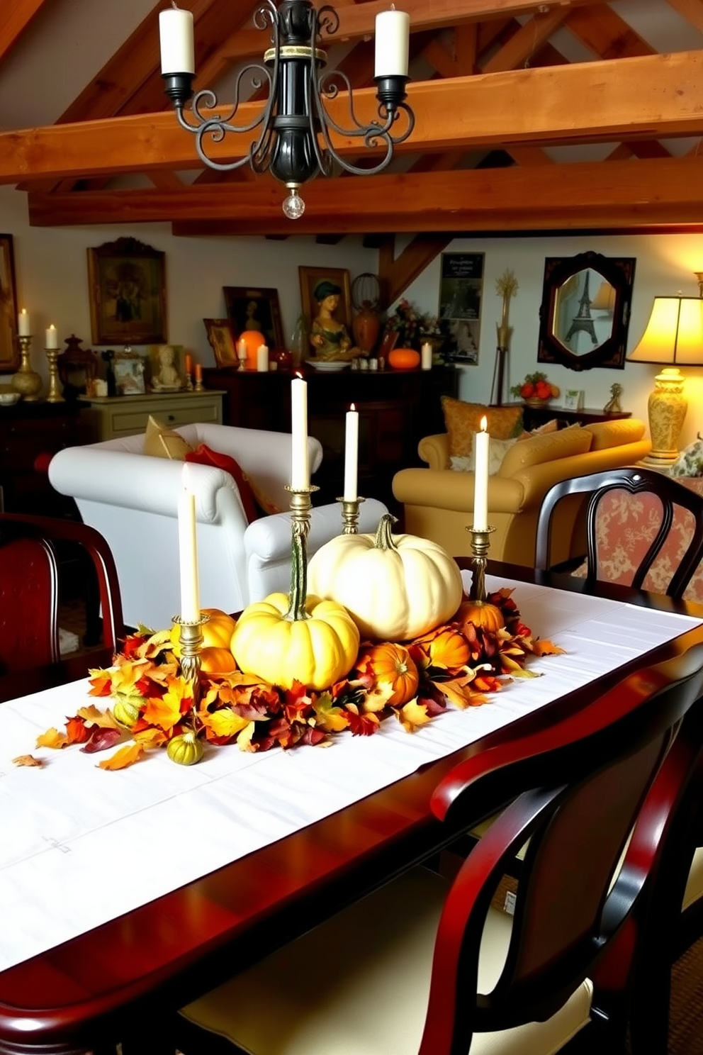 A beautifully arranged pumpkin centerpiece sits on an elegant dining table adorned with a crisp white tablecloth. The pumpkins vary in size and color, surrounded by autumn leaves and candles that create a warm, inviting atmosphere. The attic is transformed into a cozy retreat with soft lighting and plush seating. Vintage decorations and seasonal accents are strategically placed to enhance the charm and character of the space.