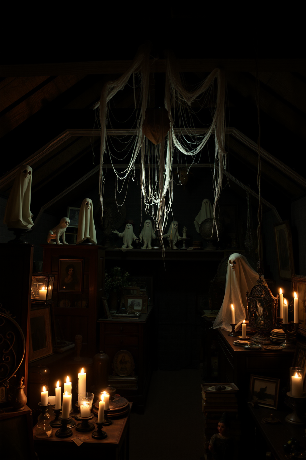 Ghostly figures peek from the shelves in a dimly lit attic filled with vintage decor. Cobwebs drape from the rafters, and flickering candlelight casts eerie shadows on the walls.