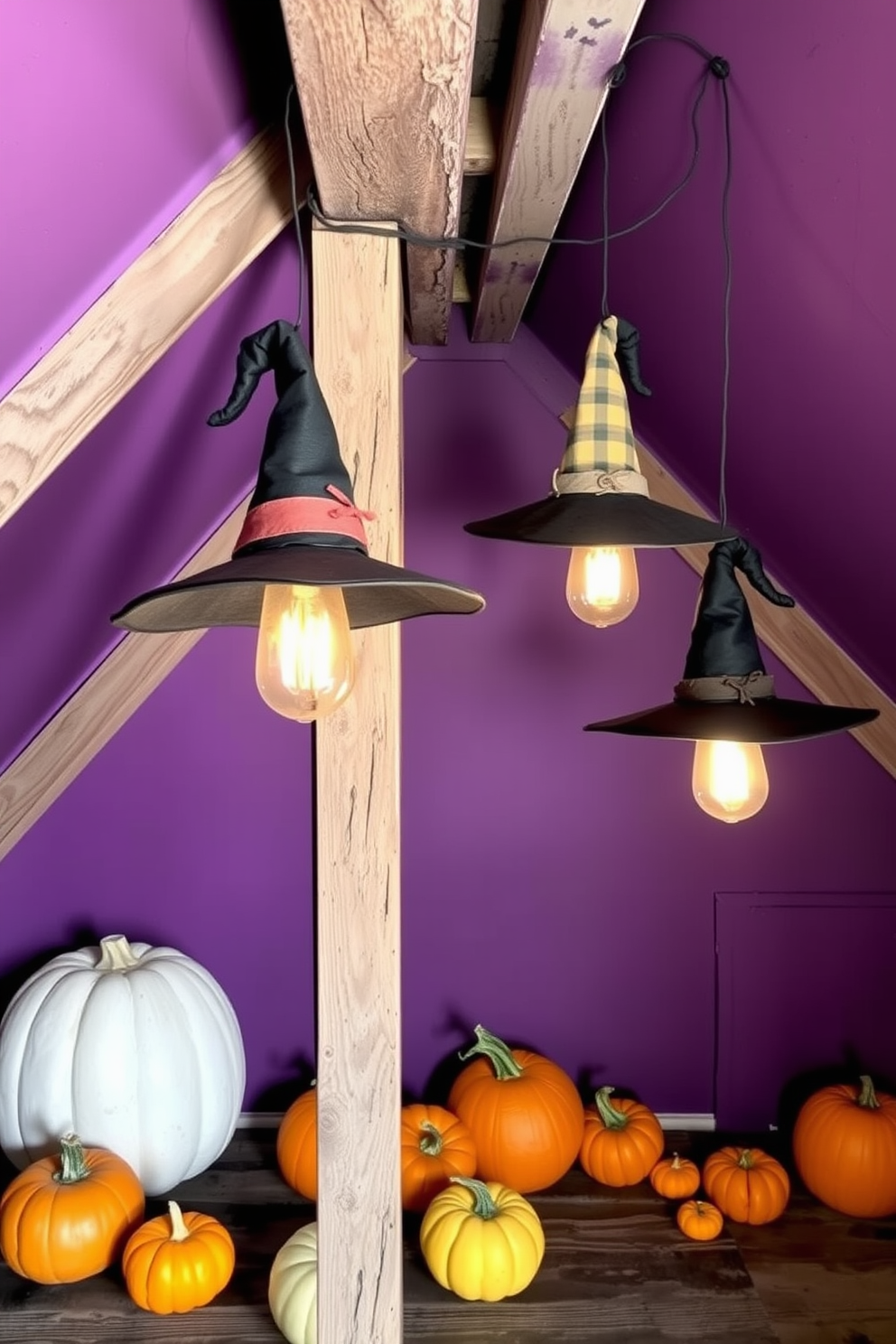 A cozy attic space transformed for Halloween with whimsical witch hats adorning the vintage light fixtures. The walls are painted in a deep purple hue, and scattered pumpkins in various sizes add a festive touch to the rustic wooden beams.