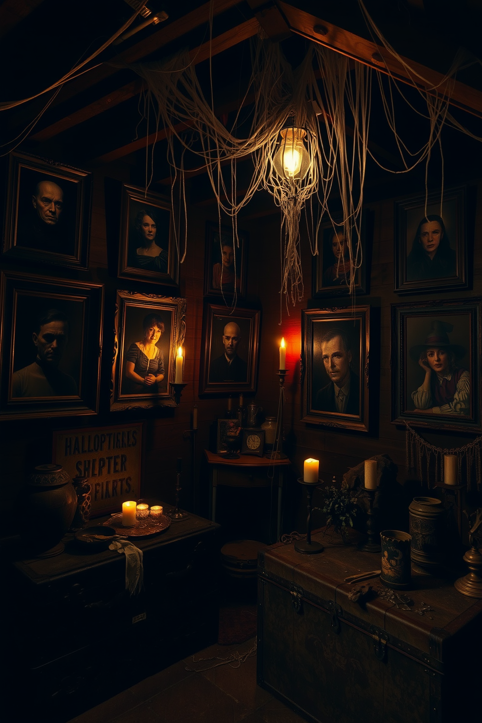 Eerie portraits with spooky frames adorn the walls of a dimly lit attic. Shadows dance across the room as flickering candlelight illuminates the unsettling expressions captured in each painting. Cobwebs drape from the ceiling, adding to the haunting atmosphere of the space. Vintage trunks and dusty props are scattered around, enhancing the mysterious charm of this Halloween-themed attic.