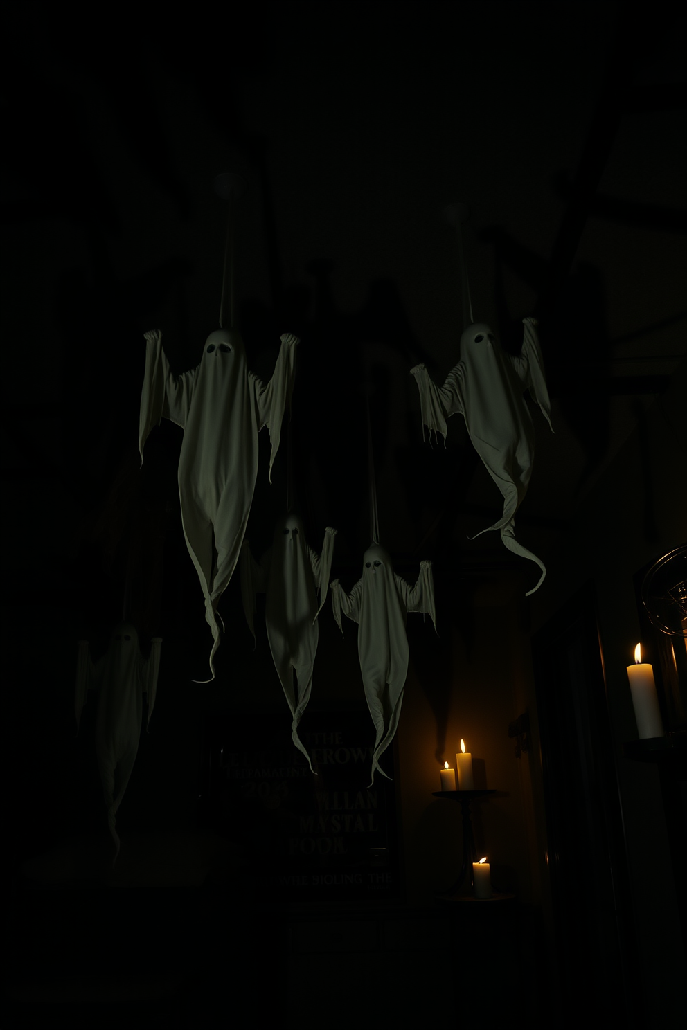 Spooky ghostly figures dangle from the ceiling in a dimly lit basement. Shadows flicker on the walls, creating an eerie atmosphere enhanced by cobwebs and flickering candles.