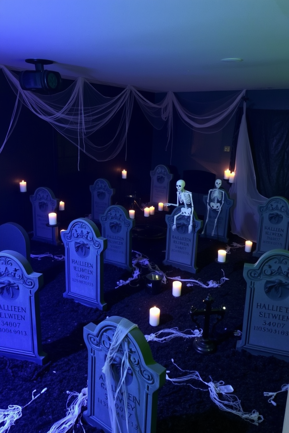 A spooky graveyard scene is set up in a dimly lit basement. Eerie tombstones with intricate carvings are scattered throughout the space, surrounded by fake cobwebs and flickering candles. Ghostly figures and skeletons are strategically placed among the tombstones to enhance the Halloween atmosphere. The walls are painted in dark shades, and a fog machine adds an extra layer of creepiness to the decor.