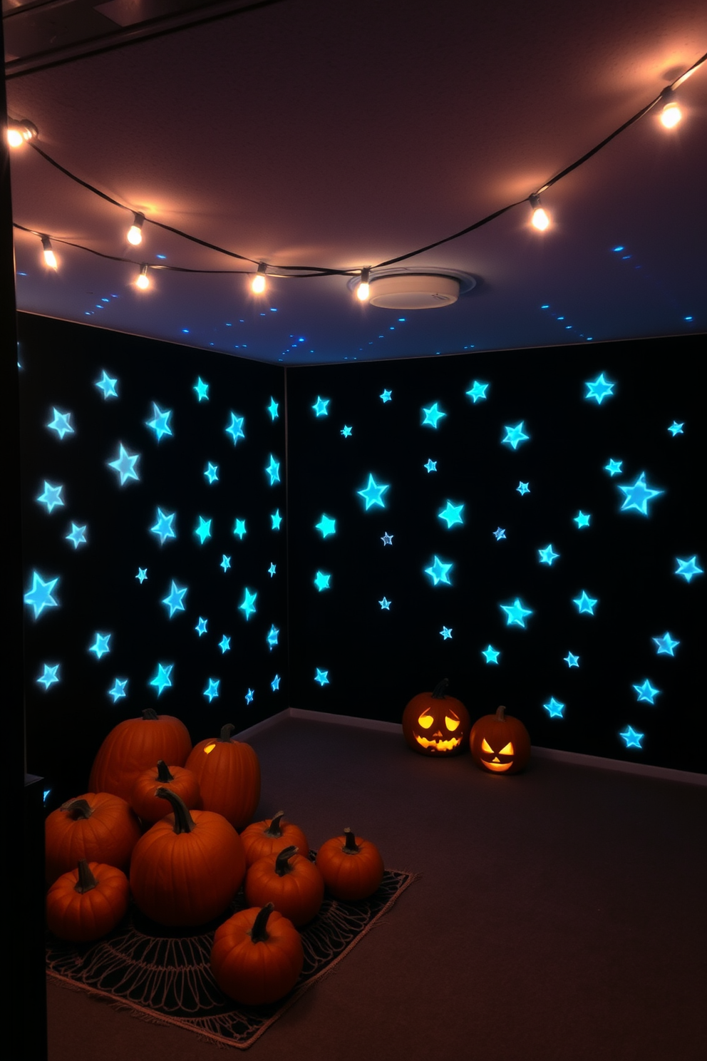 A cozy basement space designed for Halloween festivities. The walls are adorned with glow-in-the-dark stars that create a magical night sky effect. In one corner, a pumpkin patch display features various sizes of carved pumpkins. String lights hang above, adding warmth and a festive touch to the atmosphere.