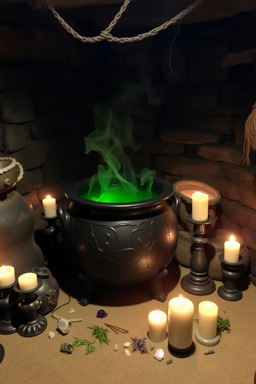 A cozy Halloween basement setting featuring a large witch's cauldron bubbling with a green, smoky potion. Surrounding the cauldron are dimly lit candles and scattered potion ingredients like herbs and crystals, enhancing the mystical atmosphere.