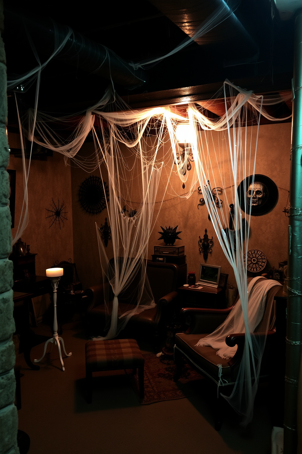 A spooky basement setting adorned with spider webs draping over vintage furniture and eerie decor. Dim lighting casts shadows on the walls, enhancing the haunting atmosphere of the Halloween theme.