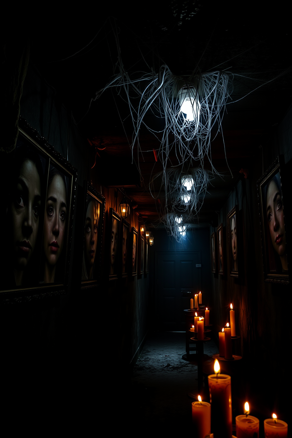 Creepy portraits line the dimly lit walls of a basement, each featuring unsettling eyes that seem to follow you as you move. The atmosphere is enhanced by flickering candles casting eerie shadows, while cobwebs drape from the ceiling, creating an unsettling yet captivating Halloween ambiance.